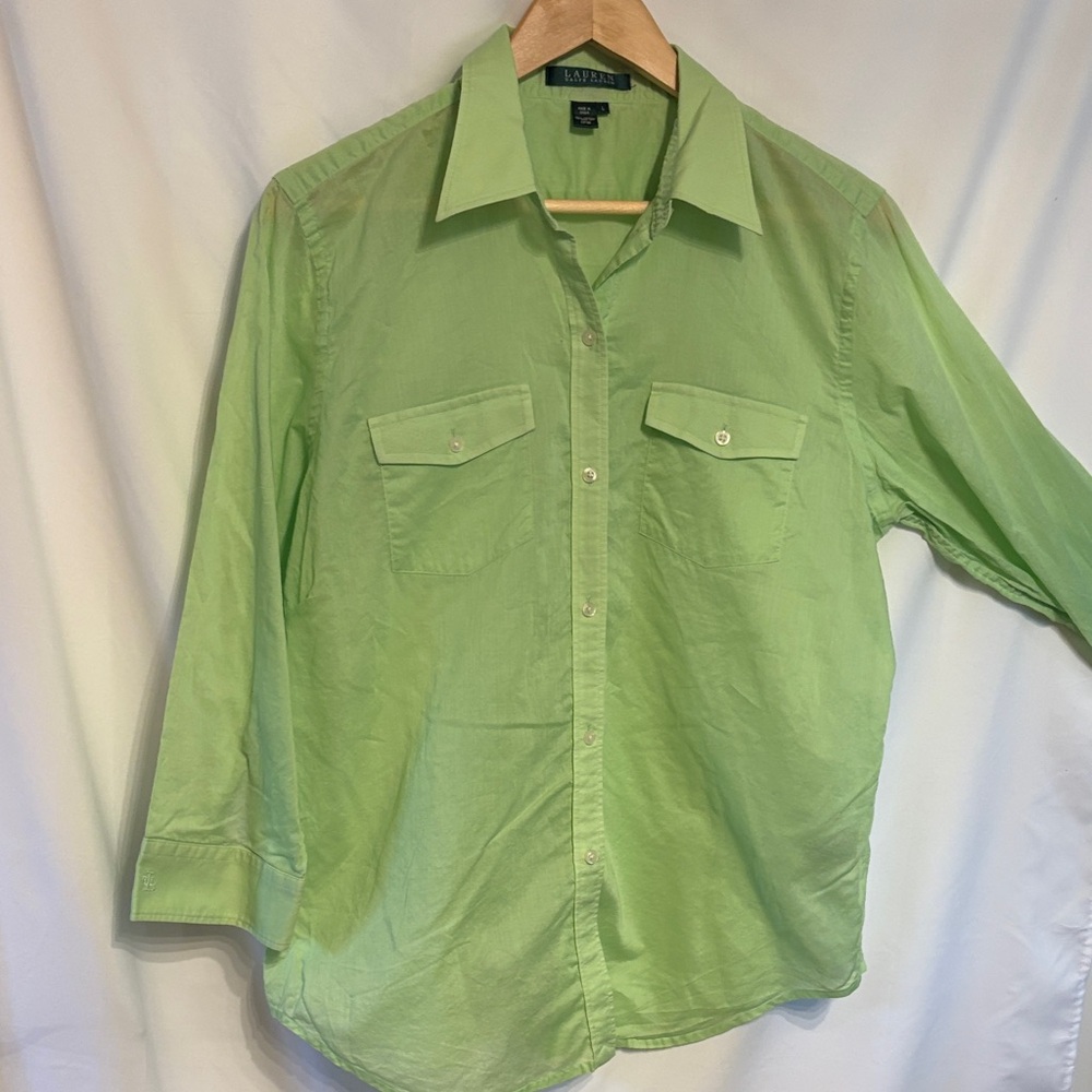 Ralph Lauren Women’s Preppy Spring Green Shirt 100% Cotton SZ L Quiet Luxury